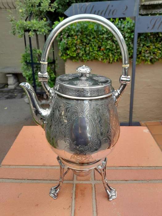 An Antique Victorian Silver Plate Tea Kettle on Stand with Burner