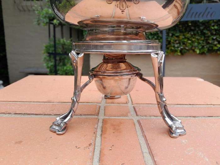 An Antique Victorian Silver Plate Tea Kettle on Stand with Burner