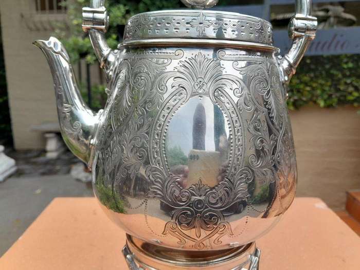 An Antique Victorian Silver Plate Tea Kettle on Stand with Burner