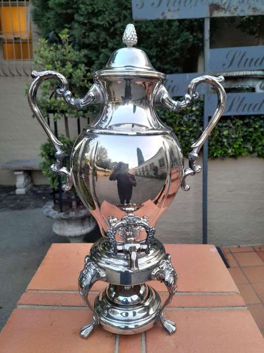 A 20th Century Silver Plate Tea Urn on Stand with Burner