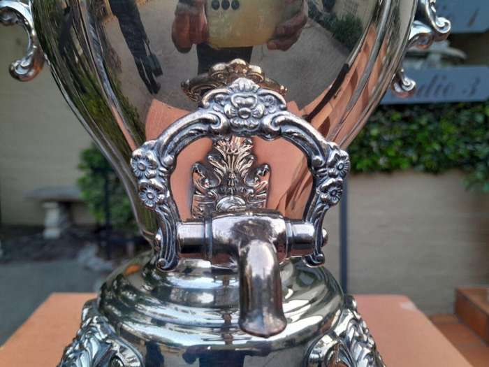 A 20th Century Silver Plate Tea Urn on Stand with Burner