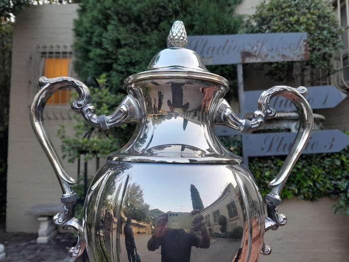 A 20th Century Silver Plate Tea Urn on Stand with Burner