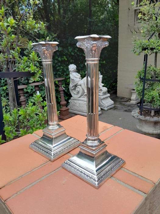 An Antique 19th Century Pair of Corinthian Candlesticks / Holders