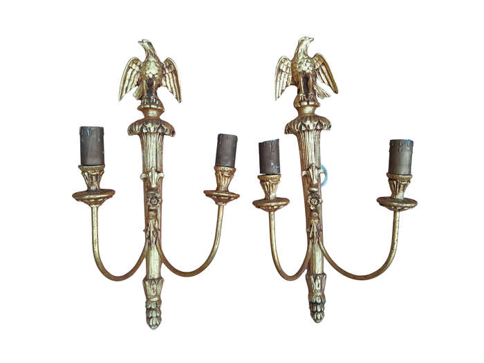 A 20th Century Pair of Gilt Painted Wall Sconces with Eagle