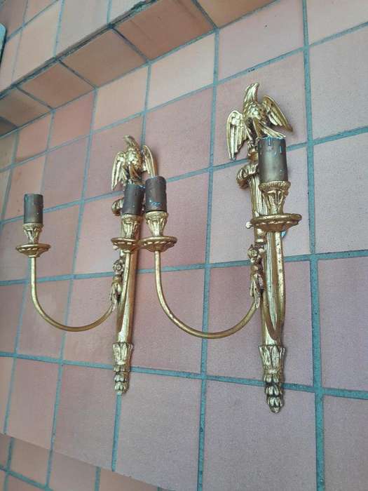 A 20th Century Pair of Gilt Painted Wall Sconces with Eagle