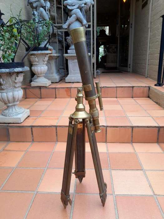 An Antique Brass Telescope On Tripod Stand (Adjustable And Lenses Working)