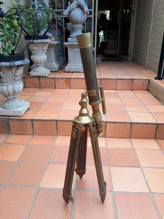 An Antique Brass Telescope On Tripod Stand (Adjustable And Lenses Working)
