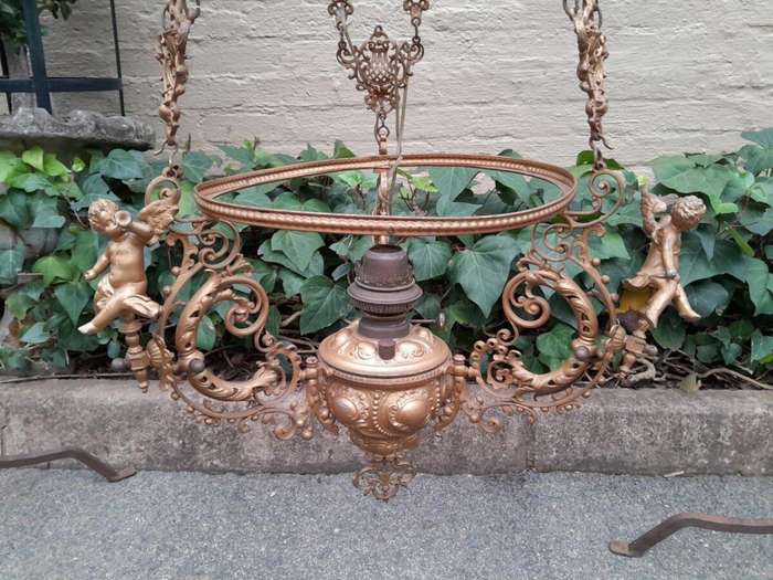 A 19TH Century Victorian Style Gilt Metal Hanging Oil Lamp / Chandelier