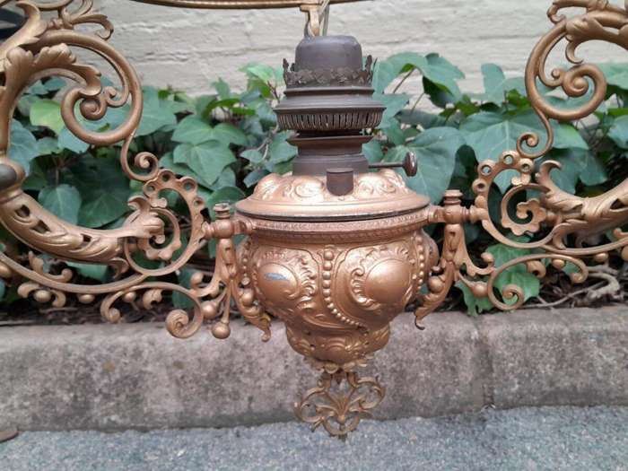 A 19TH Century Victorian Style Gilt Metal Hanging Oil Lamp / Chandelier