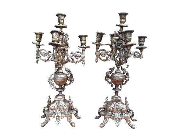 A 20th Century Pair Of French Baroque Style Brass Candelabras / Candle Holders With Patina