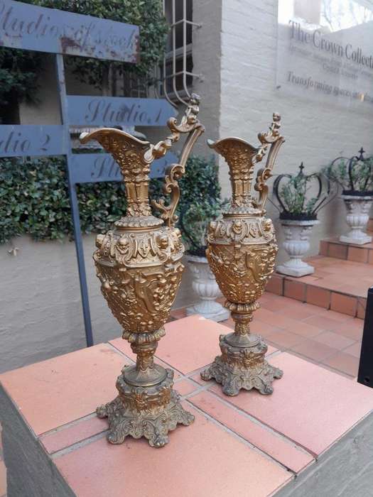 An Antique 19th Century Pair Of Revival Style Gilt Metal Ewers Of Large Proportions