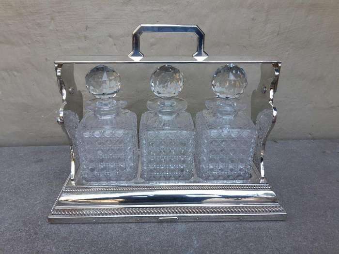 An Antique 19th Century English / London Electroplate Tantalus With Three Glass Decanters