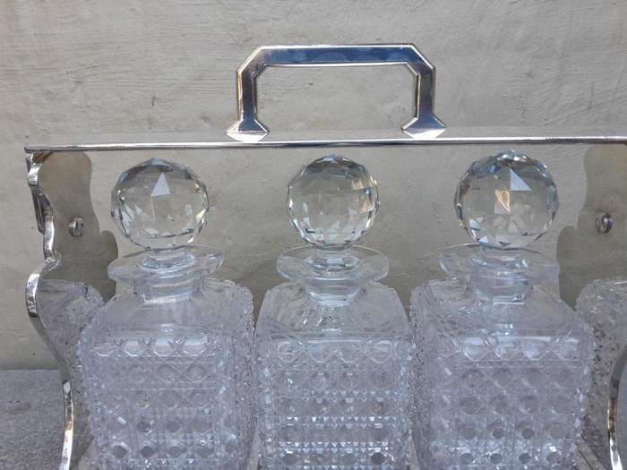 An Antique 19th Century English / London Electroplate Tantalus With Three Glass Decanters