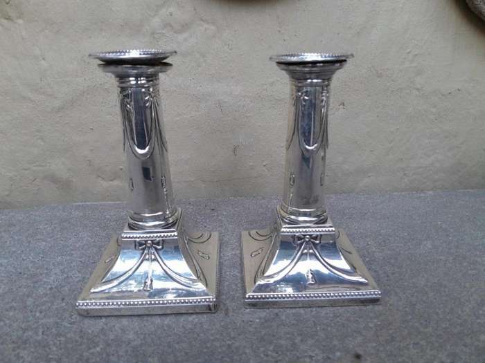An Antique Circa 1900  Pair Of English Silver Hallmarked Mappin And Webb Weighted Candlesticks ND
