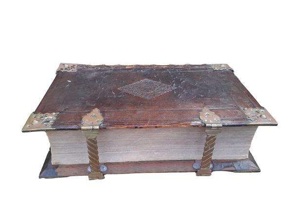 An Antique Mid 1800s Engraved Leather Bible With Brass Hardware