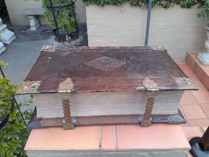 An Antique Mid 1800s Engraved Leather Bible With Brass Hardware