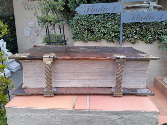 An Antique Mid 1800s Engraved Leather Bible With Brass Hardware
