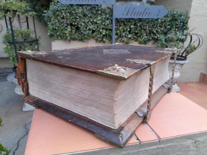An Antique Mid 1800s Engraved Leather Bible With Brass Hardware
