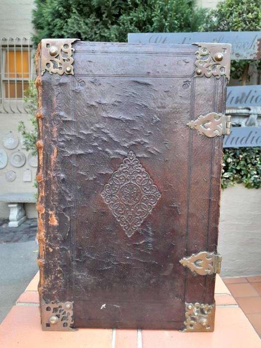 An Antique Mid 1800s Engraved Leather Bible With Brass Hardware