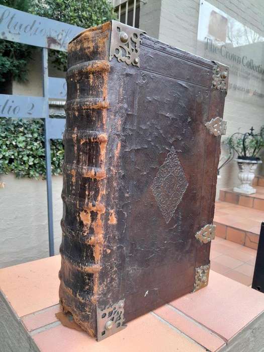 An Antique Mid 1800s Engraved Leather Bible With Brass Hardware