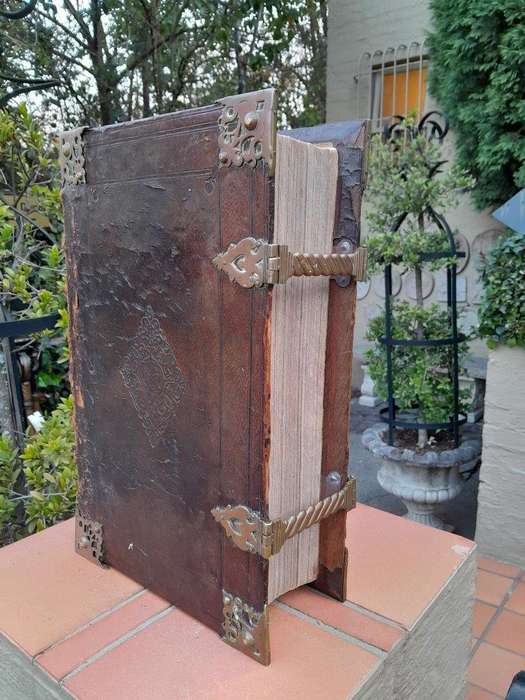 An Antique Mid 1800s Engraved Leather Bible With Brass Hardware
