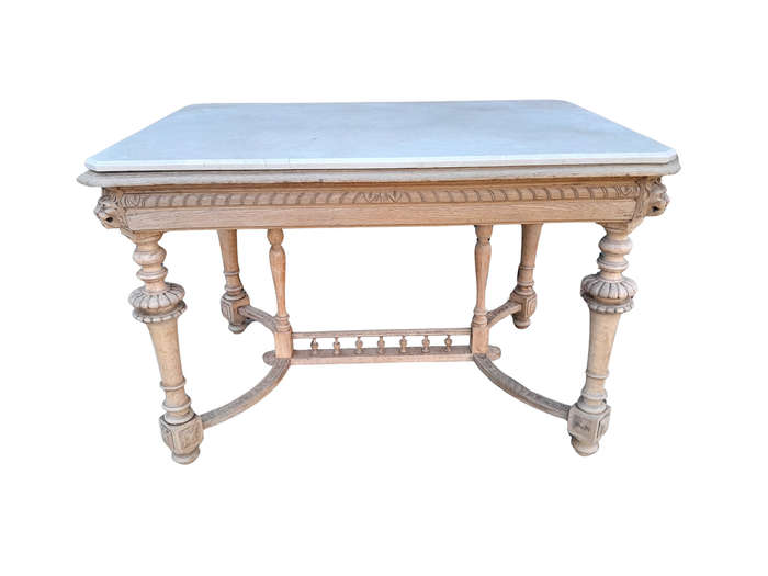 An Antique Jacobean Oak Kitchen / Dining / Drinks Table / Desk With Ornate Carvings in a Bleached...