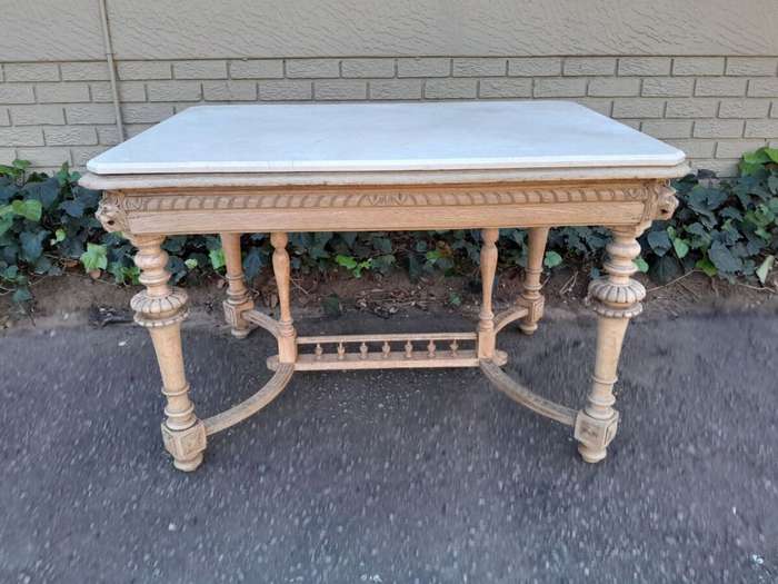 An Antique Jacobean Oak Kitchen / Dining / Drinks Table / Desk With Ornate Carvings in a Bleached...