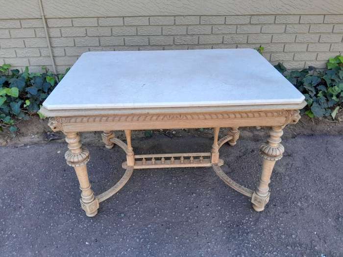 An Antique Jacobean Oak Kitchen / Dining / Drinks Table / Desk With Ornate Carvings in a Bleached...