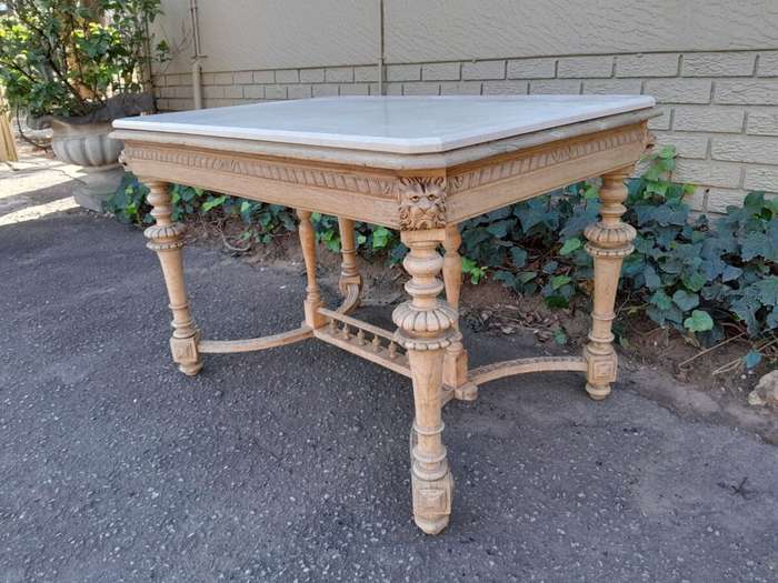 An Antique Jacobean Oak Kitchen / Dining / Drinks Table / Desk With Ornate Carvings in a Bleached...