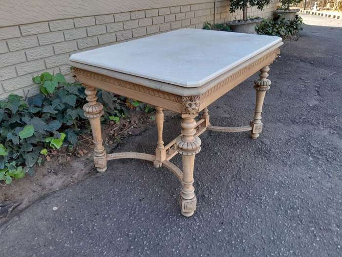 An Antique Jacobean Oak Kitchen / Dining / Drinks Table / Desk With Ornate Carvings in a Bleached...