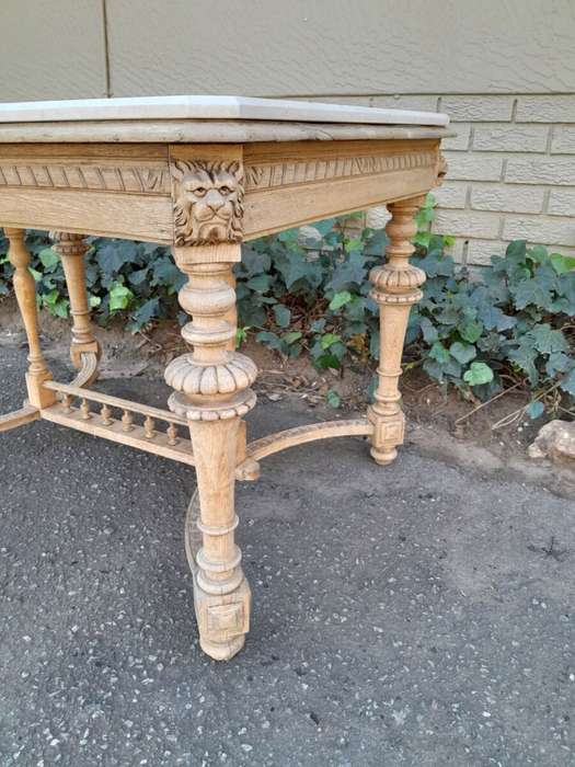An Antique Jacobean Oak Kitchen / Dining / Drinks Table / Desk With Ornate Carvings in a Bleached...