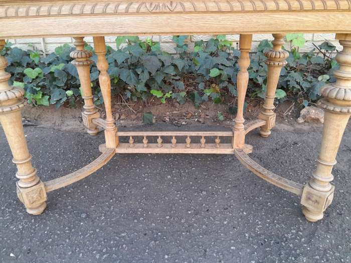 An Antique Jacobean Oak Kitchen / Dining / Drinks Table / Desk With Ornate Carvings in a Bleached...