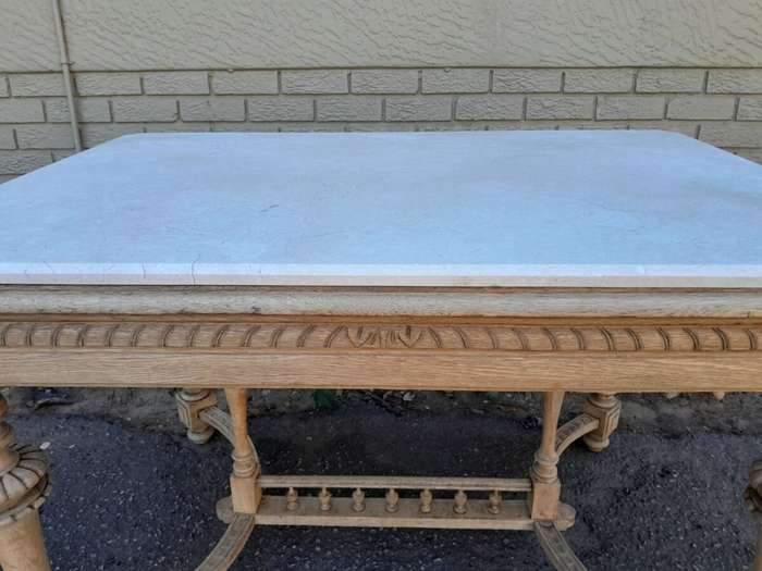 An Antique Jacobean Oak Kitchen / Dining / Drinks Table / Desk With Ornate Carvings in a Bleached...