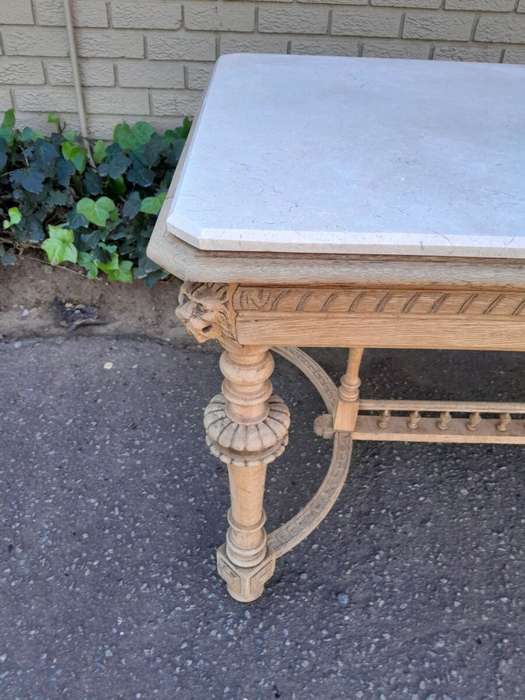 An Antique Jacobean Oak Kitchen / Dining / Drinks Table / Desk With Ornate Carvings in a Bleached...