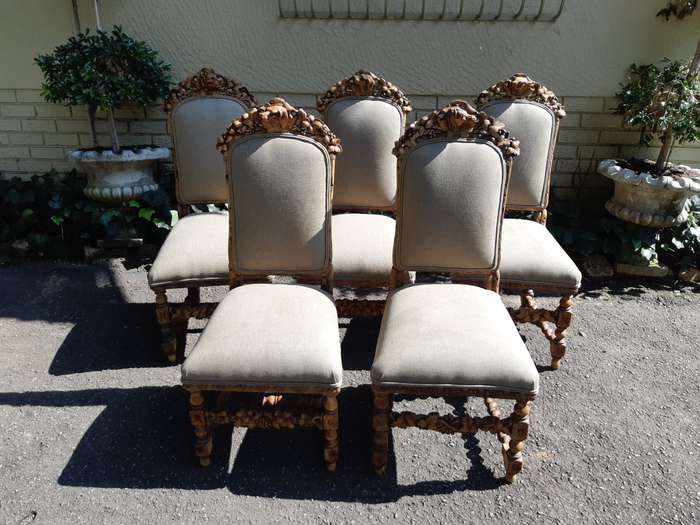 Set of 5 19th-Century Carved Oak Dining Chairs upholstered