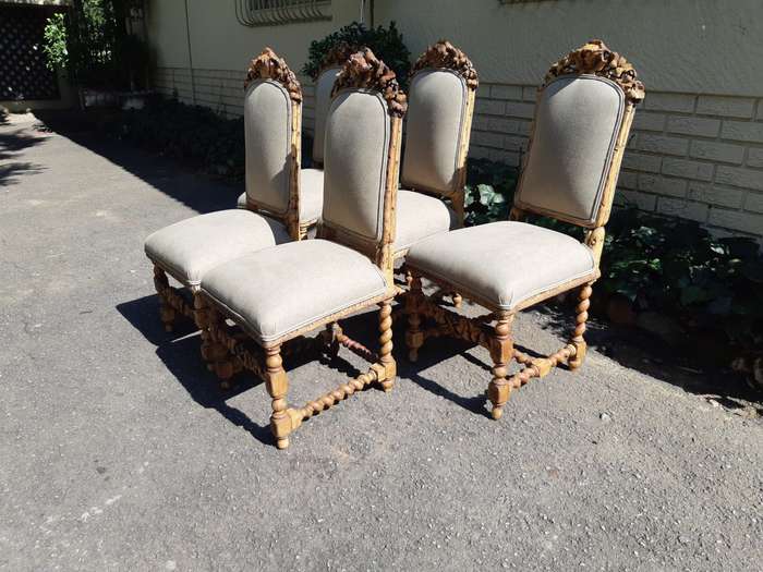 Set of 5 19th-Century Carved Oak Dining Chairs upholstered