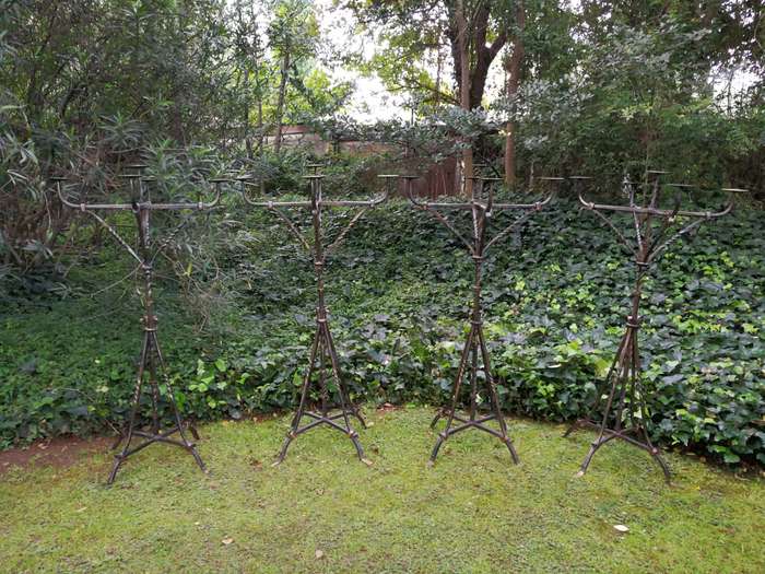 A Vintage Set of 4 Wrought Iron 5 Arm Standing Candelabras With Gold Detail