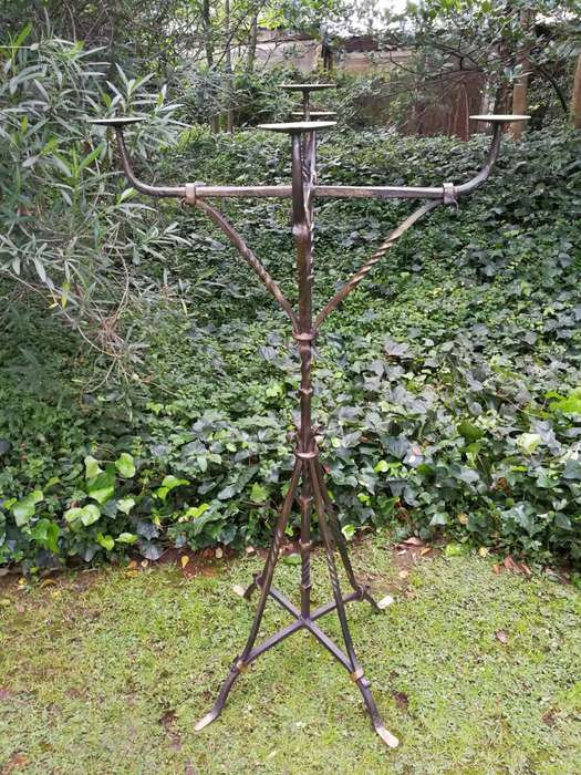 A Vintage Set of 4 Wrought Iron 5 Arm Standing Candelabras With Gold Detail