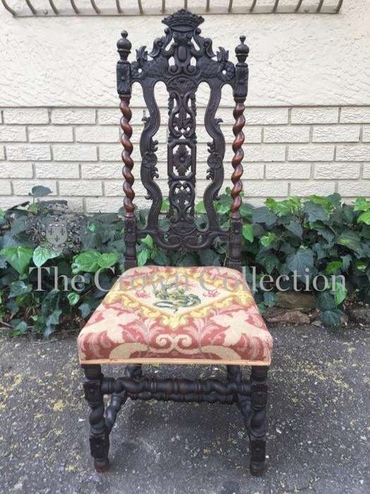 19th Century English Oak Barley Twist Hall Chair with Tapestry Upholstery