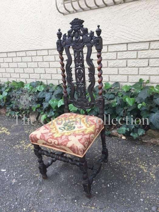 19th Century English Oak Barley Twist Hall Chair with Tapestry Upholstery