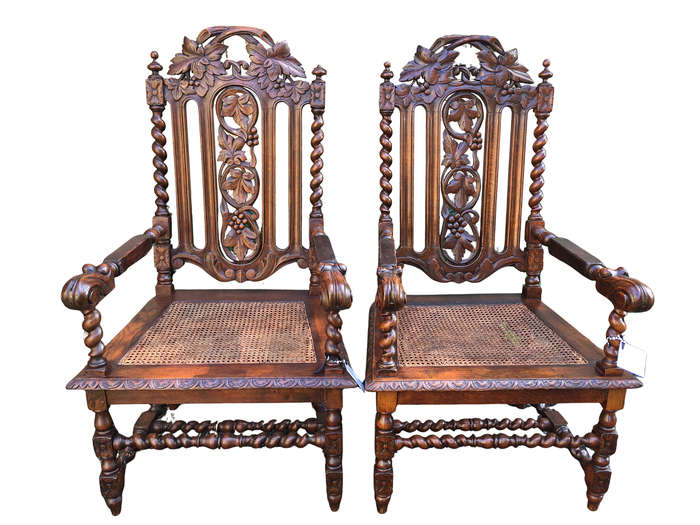 Pair Continental Carved Oak Armchairs with Vine Leaf Motif - ND