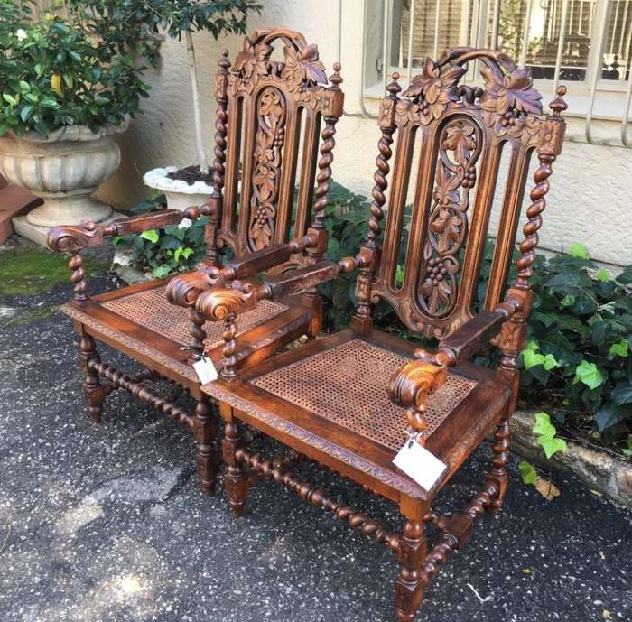 Pair Continental Carved Oak Armchairs with Vine Leaf Motif - ND