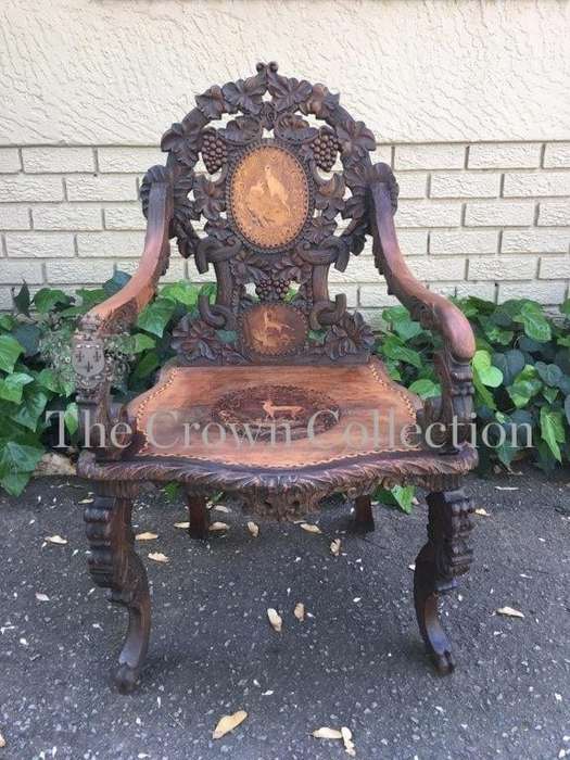 19th Century Swiss Fruitwood & Inlaid Carved Chair