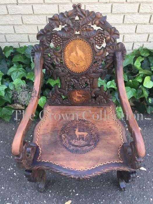 19th Century Swiss Fruitwood & Inlaid Carved Chair