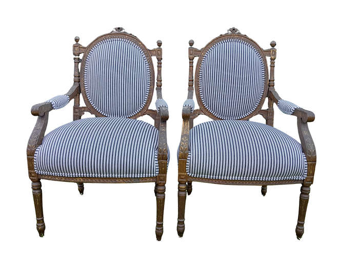 A Pair of 20th Century French Louis XV Style Gilded Armchairs Upholstered in a Ticking Fabric
