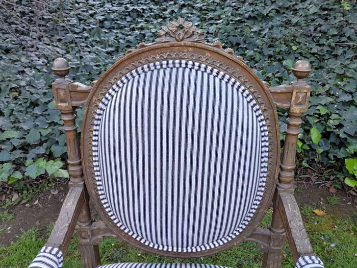 A Pair of 20th Century French Louis XV Style Gilded Armchairs Upholstered in a Ticking Fabric