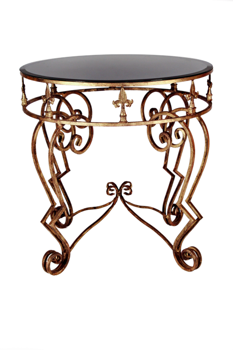 Gilded Wrought Iron Table with Scroll Detail and Mirror Top