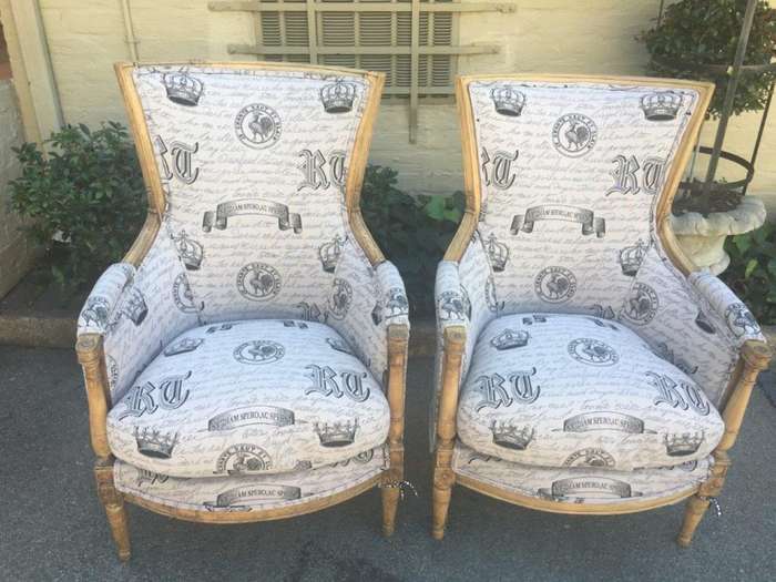Fine Pair Late 19th Century French Style Bleached / Natural Armchairs upholstered