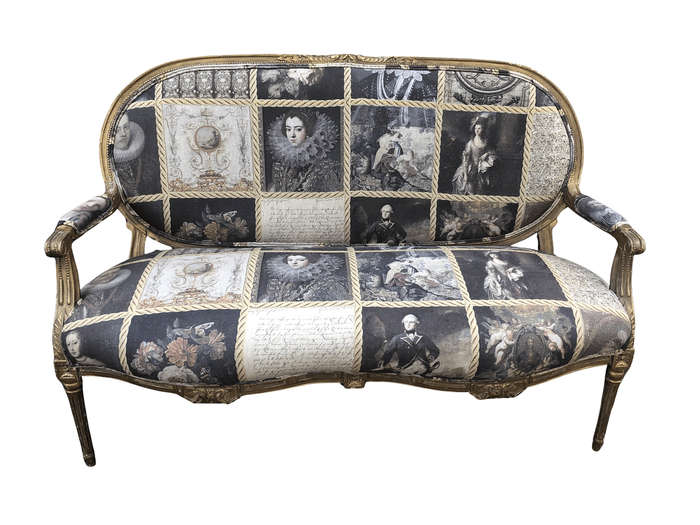 French style gilded settee with hand-painted fabric