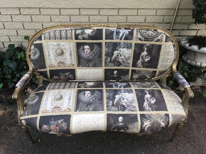 French style gilded settee with hand-painted fabric